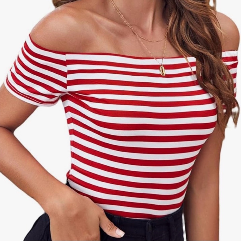 Chic Red and White Striped Off-Shoulder Crop Top